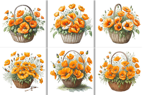 Watercolor Poppy Flower Basket Design