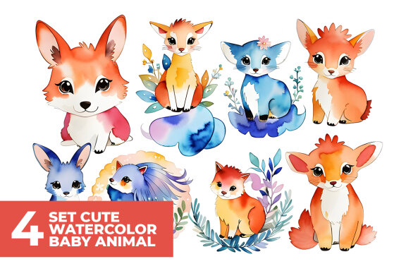 4 Set Watercolor Cute Animal Stock Images