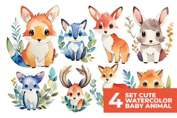 4 Set Watercolor Cute Animal Stock Images