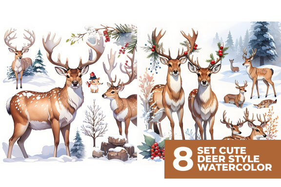 8 Watercolor Deer Winter Stock Images