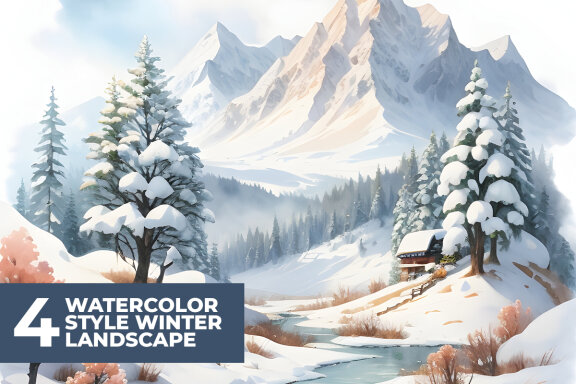 4 Watercolor Landscape Winter Stock Images