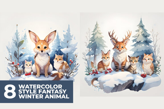 8 Watercolor Fantasy Animals Stock Images