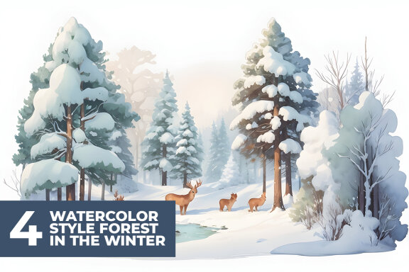 4 Watercolor Forest in The Winter Stock Images