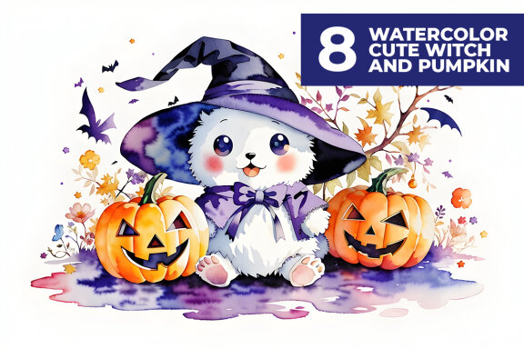 8 Watercolor Cute Witch Stock Images