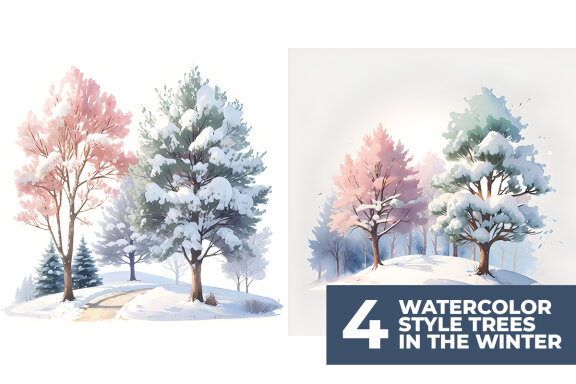 4 Watercolor Trees in Winter Stock Images