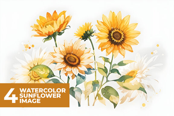 4 Watercolor Sunflower Illustration Stock Images
