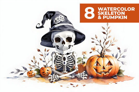 8 Watercolor Skeleton & Pumpkin Stock Images