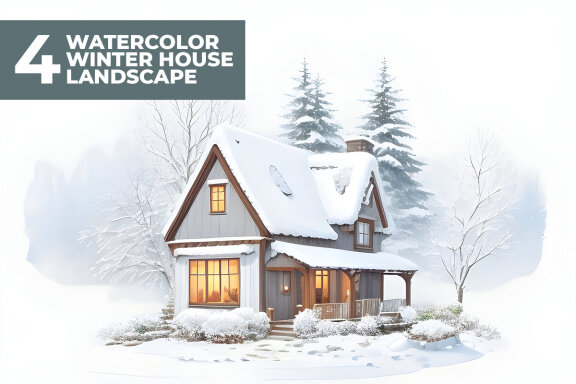 4 Watercolor House in Winter Stock Images