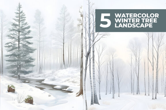 5 Watercolor Trees Winter Stock Images