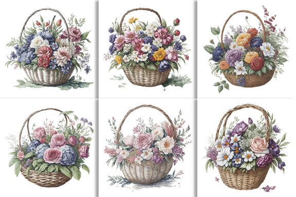 Watercolor Floral Flower Basket Design