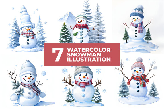 7 Watercolor Snowman Stock Images
