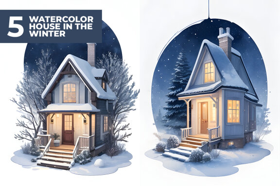 6 Watercolor House in The Winter Stock Images