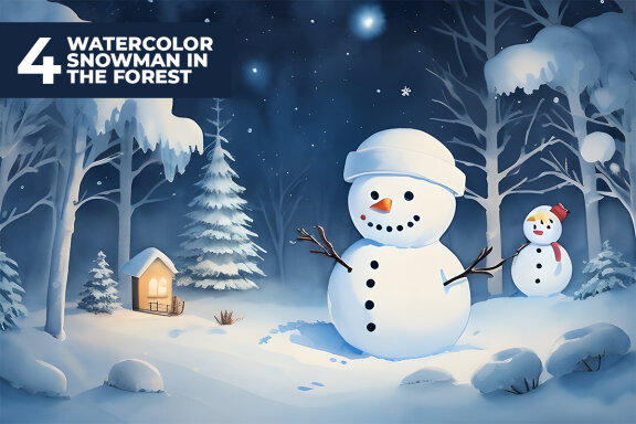4 Watercolor Snowman in The Forest Stock Images