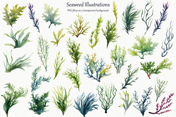 Seaweed Watercolor clipart. Coral Reef Clipart.