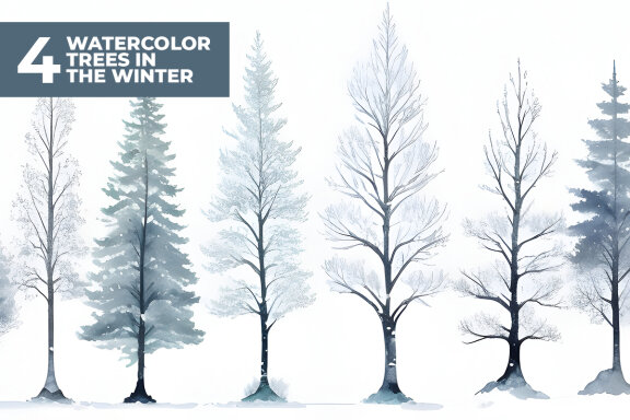 4 Watercolor Trees in The Winter Stock Images