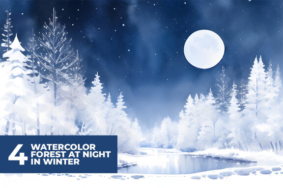 4 Watercolor Forest at Night in Winter Stock Images