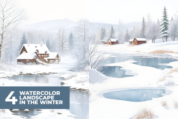 4 Watercolor Landscape in The Winter Stock Images