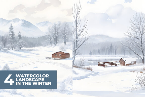 4 Watercolor Landscape in The Winter Stock Images