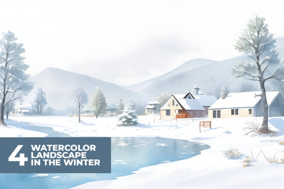 4 Watercolor Landscape in The Winter Stock Images