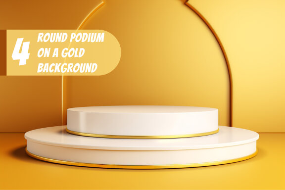 4 Images of small round podium white on a gold background