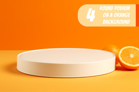 4 Images of small round podium white on an orange background