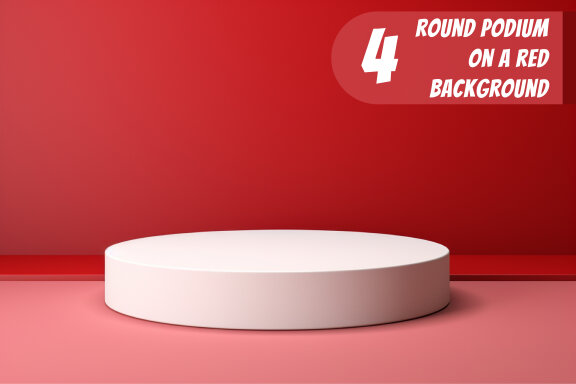 4 Images of small round podium white on a red background