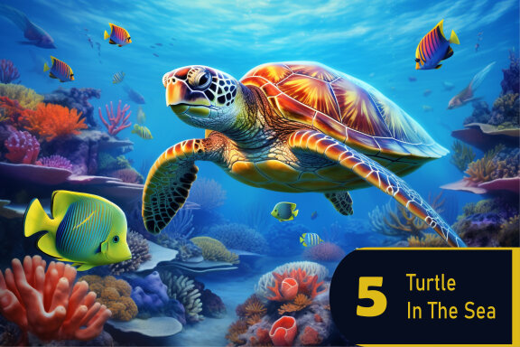 turtle with group of colorful fish and sea animal with colorful coral under sea water