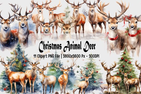 Watercolor Reindeer Christmas Clipart