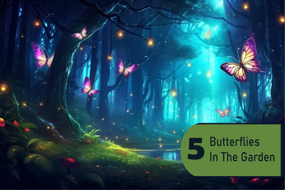 Fireflies and butterflies fluttering in the night fantasy magical forest. Fairy tale concept, neon lights