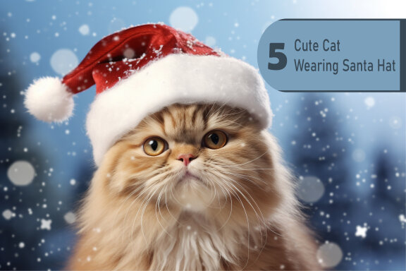 cat wearing a Christmas Santa Claus hat on snow background snowy sky view