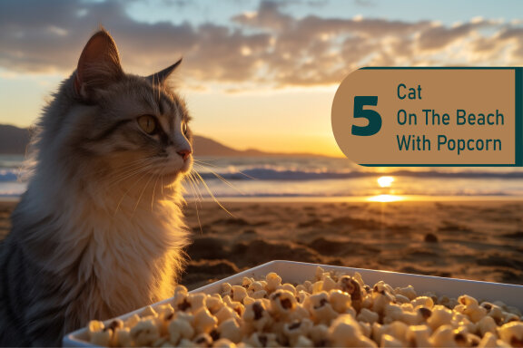 Cat on the beach eating popcorn