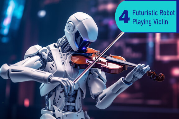 Futuristic robot plays violin on stage, replacing human work with ai musicians