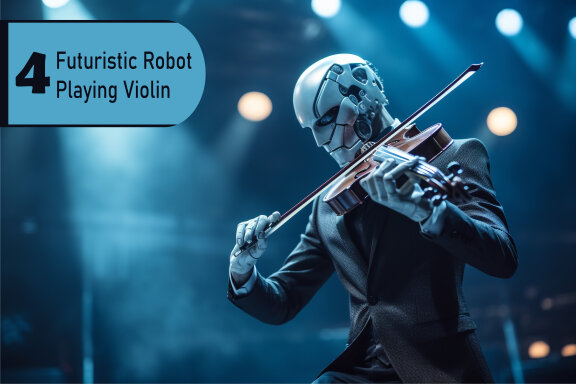 Futuristic robot playing violin on stage