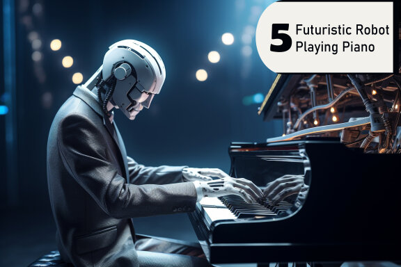 Futuristic robot plays grand piano on stage, replacing human work with ai musicians