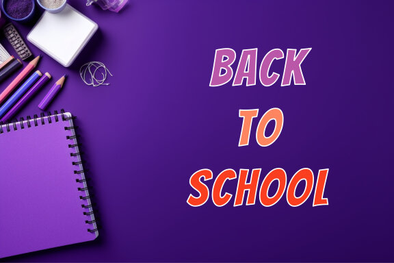 School supplies with purple background