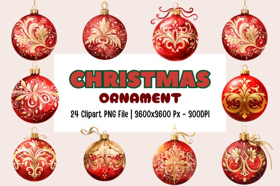 Watercolor Red Ornaments Clipart