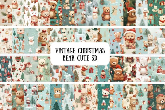 Vintage Christmas Bear Cute 3D Pattern