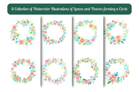 collection of watercolor illustrations of leaves and flowers forming a circle vol. 1