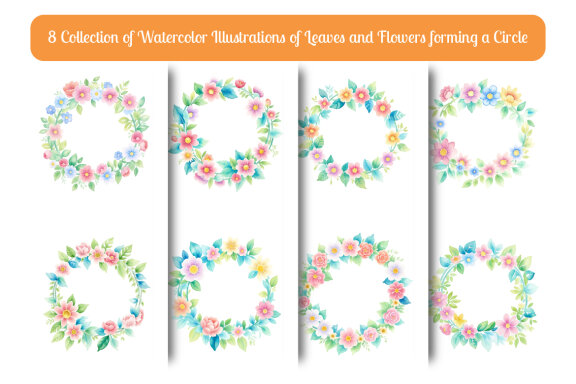 collection of watercolor illustrations of leaves and flowers forming a circle vol. 3