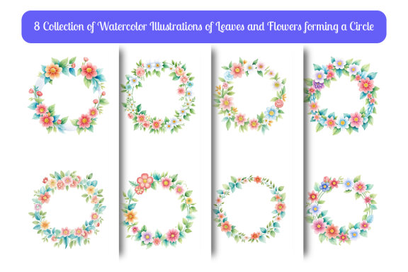 Free watercolor illustrations of leaves and flowers forming a circle vol. 6