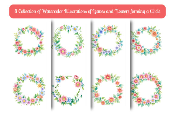 collection of watercolor illustrations of leaves and flowers forming a circle vol. 8