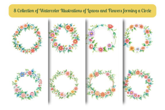 collection of watercolor illustrations of leaves and flowers forming a circle vol. 9
