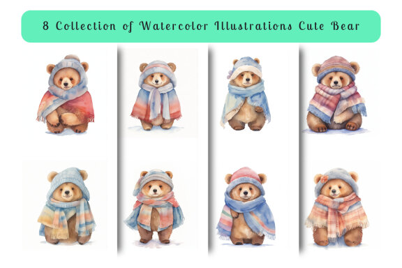 collection of watercolor illustrations of cute bears wearing warm clothes vol. 3