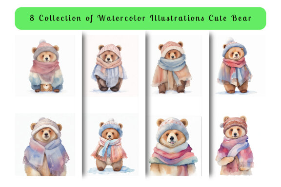 collection of watercolor illustrations of cute bears wearing warm clothes vol. 4