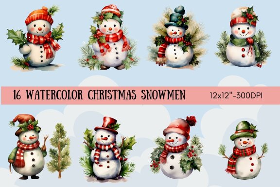 Watercolor Christmas Snowmen Bundle