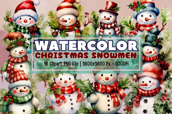 Watercolor Christmas Snowmen Bundle