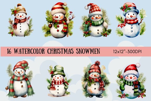 Watercolor Christmas Snowmen Bundle