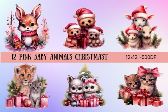 Watercolor Pink Baby Animals Christmas