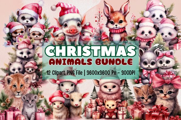 Watercolor Pink Baby Animals Christmas