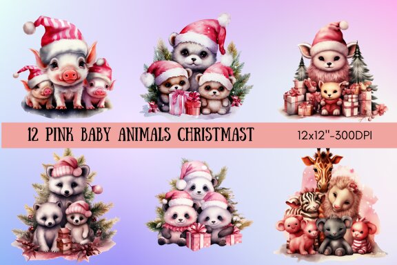 Watercolor Pink Baby Animals Christmas